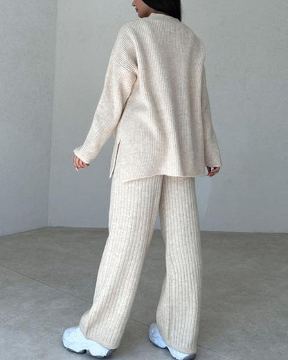 Women's Knitted Lounge Set - Cardigan, Crop Top and Wide-Leg Pants - Soft Comfort