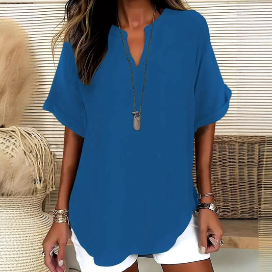 Women's Blouse – Relaxed Fit – V-Neck – Short Sleeves – Natural Fibers
