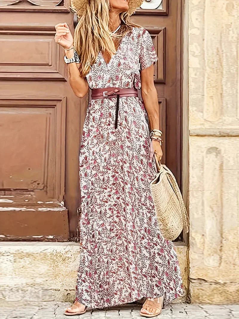 Women's Maxi Dress - Floral Print - V-Neck and Short Sleeves - Waistband and Long Fit