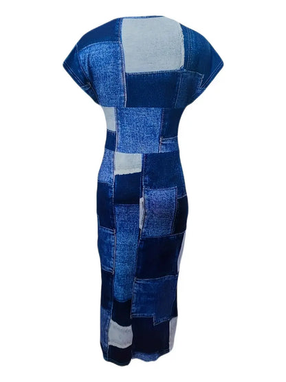 Women Bodycon Dress - Midi Length - V-Neck - Patchwork Design - Short Sleeves