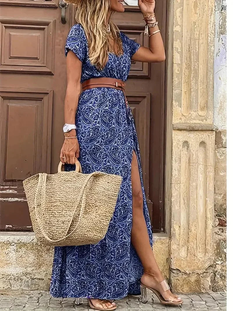 Women's Maxi Dress - Floral Print - V-Neck and Short Sleeves - Waistband and Long Fit