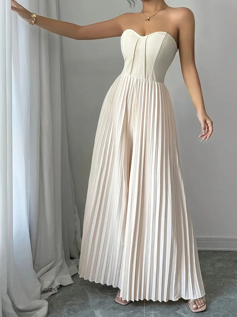 Women's Jumpsuit - Strapless - Corset Fit - Wide Pleated Legs - Elegant Party Look