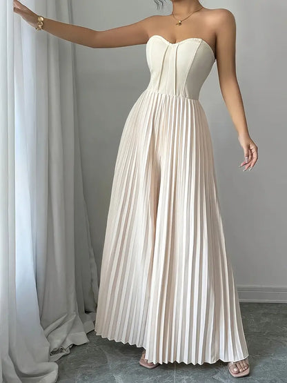 Women's Jumpsuit - Strapless - Corset Fit - Wide Pleated Legs - Elegant Party Look