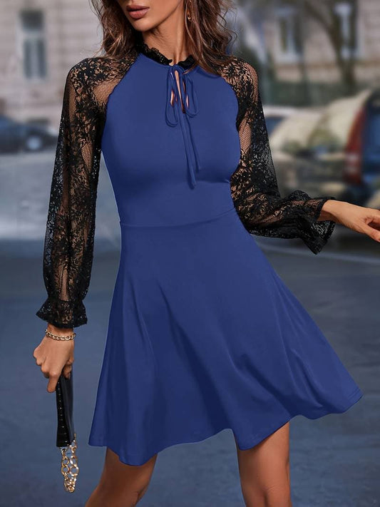Women's Dress - A-line Fit - Long Sleeves with Lace - High Neck with Bow