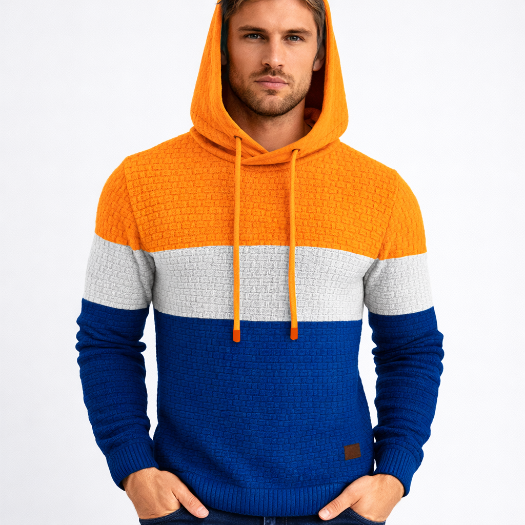 Oliver Hooded Pullover Hoodie | Color Block Textured Knit Mens Pullover Hoodie