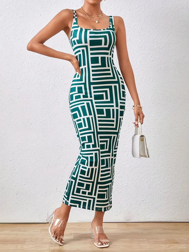 Women's Bodycon Dress - Midi Length - Geometric Pattern - Square Neckline - Thin Straps