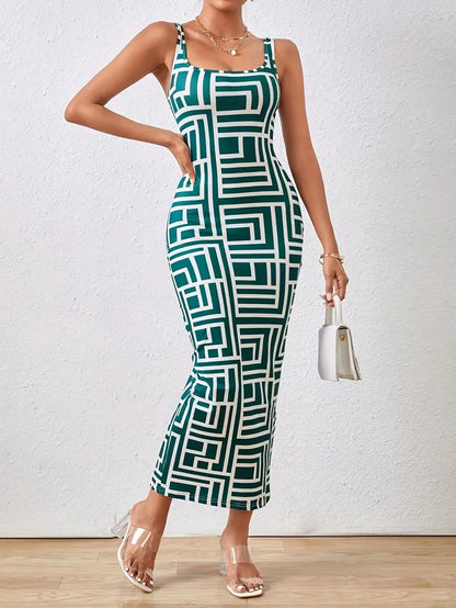 Women's Bodycon Dress - Midi Length - Geometric Pattern - Square Neckline - Thin Straps