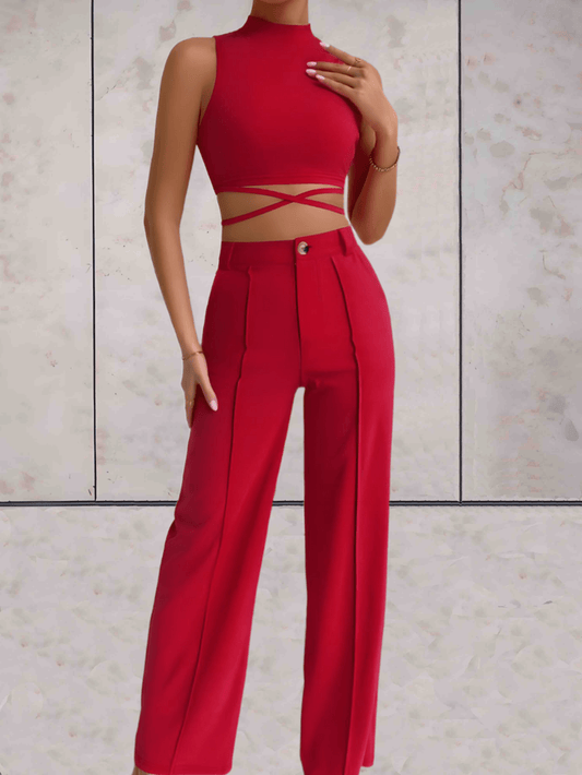 Women's Set - Crop Top with Cross Details & High-Waisted Wide Pants - Elegant Look