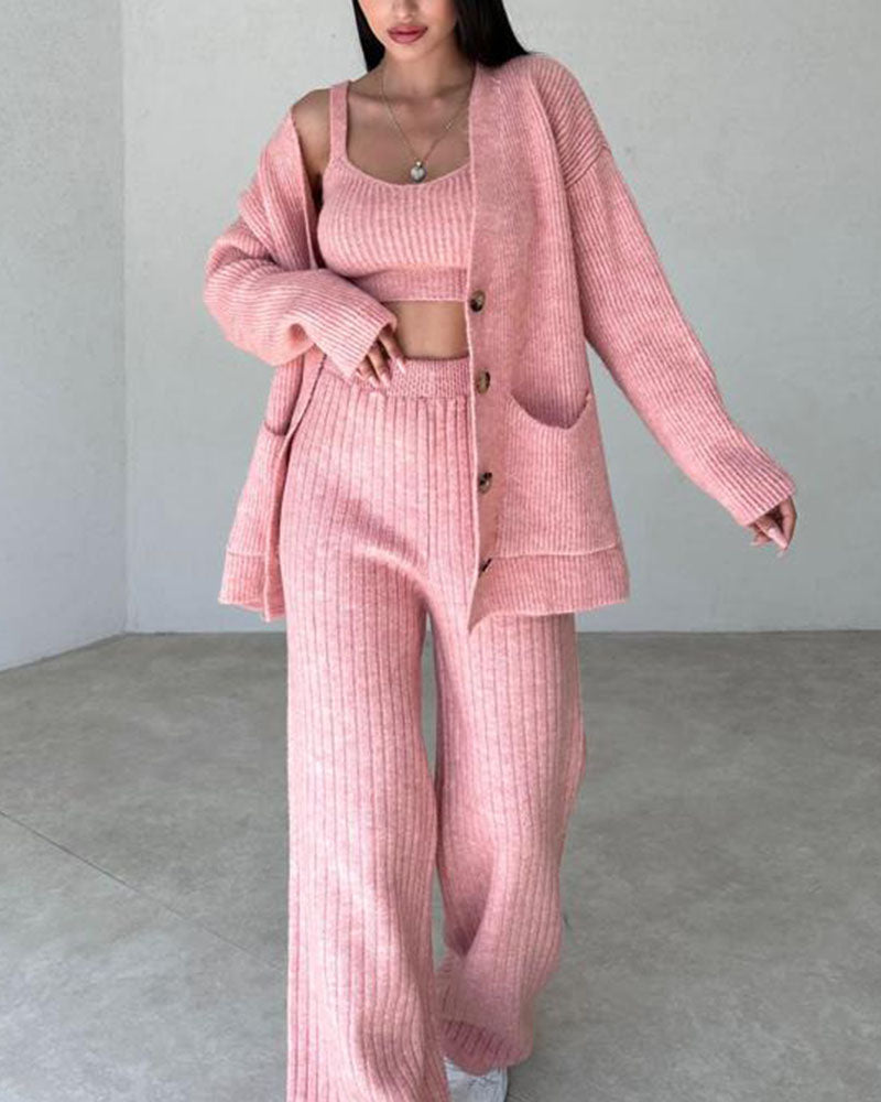 Women's Knitted Lounge Set - Cardigan, Crop Top and Wide-Leg Pants - Soft Comfort