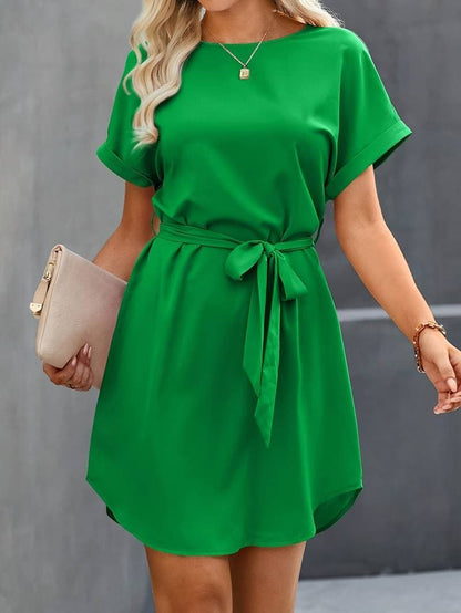 Women's Dress - Lightweight Fabric - Short Sleeves - Belt at the Waist - Relaxed Fit
