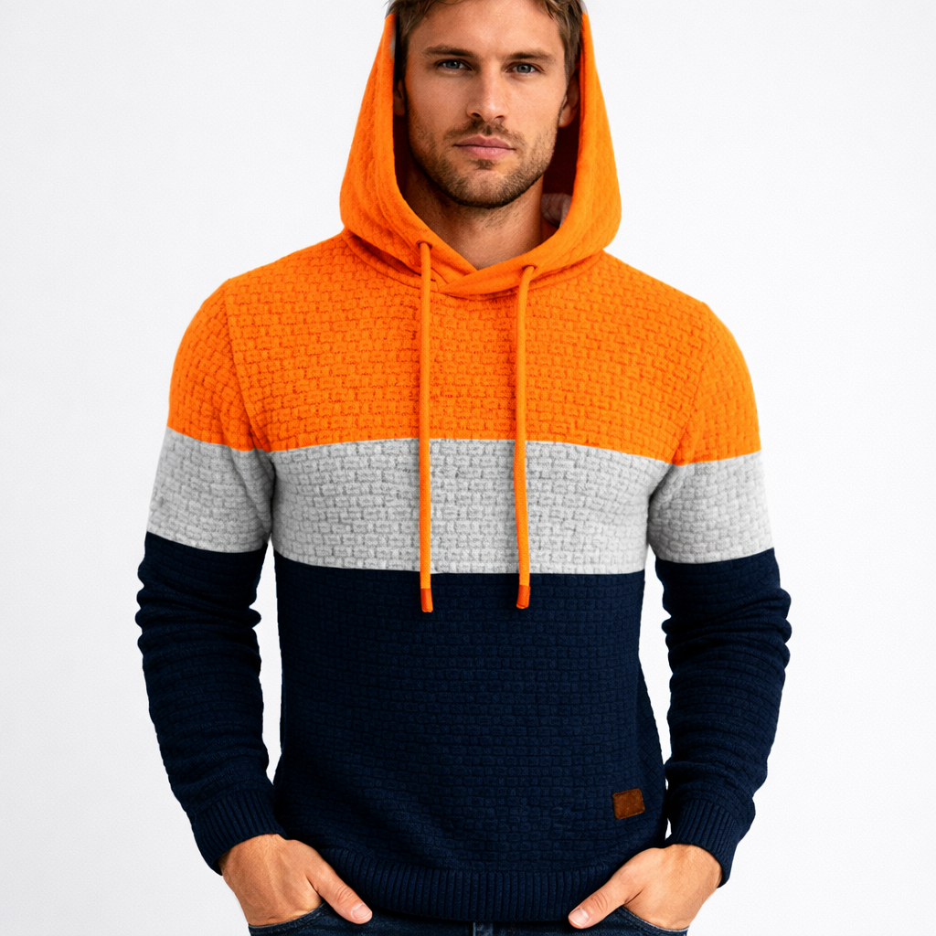 Oliver Hooded Pullover Hoodie | Color Block Textured Knit Mens Pullover Hoodie