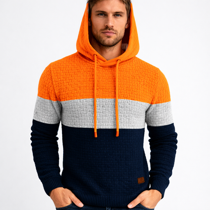 Oliver Hooded Pullover Hoodie | Color Block Textured Knit Mens Pullover Hoodie
