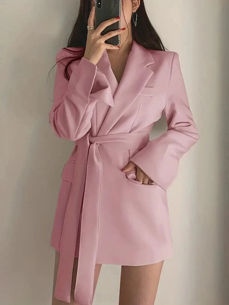 Women's Blazer Dress - Tailored Fit - Belted Waist - Single Button with Flap Pockets