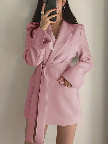 Women's Blazer Dress - Tailored Fit - Belted Waist - Single Button with Flap Pockets