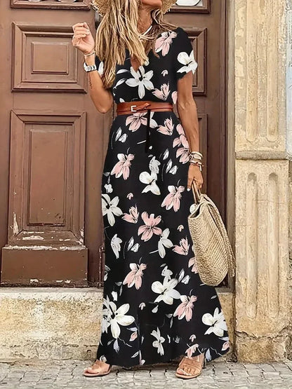 Women's Maxi Dress - Floral Print - V-Neck and Short Sleeves - Waistband and Long Fit