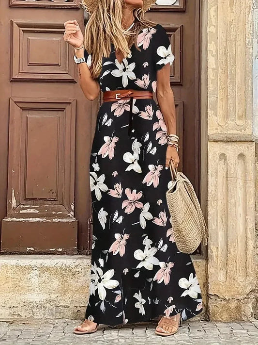 Women's Maxi Dress - Floral Print - V-Neck and Short Sleeves - Waistband and Long Fit