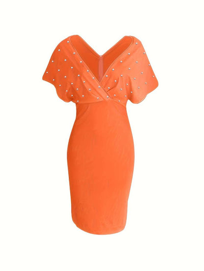 Women's Midi Dress - Fitted V-Neck - Pearl Details & Short Sleeves - Elegant Party