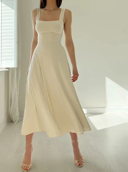Women's Dress - Sleeveless Midi - Square Neckline - A-line Elegant Fit