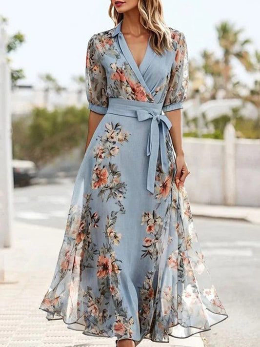 Women's Midi Dress – Wrap Design – V-Neckline – Short Puff Sleeves – Floral Print