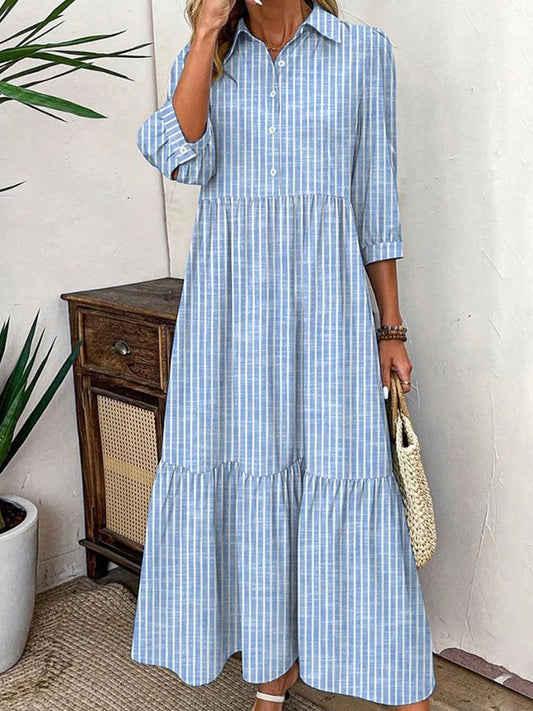 Women's Maxi Dress – Relaxed Fit – 3/4 Sleeves – Button Closure – Lightweight and Breathable