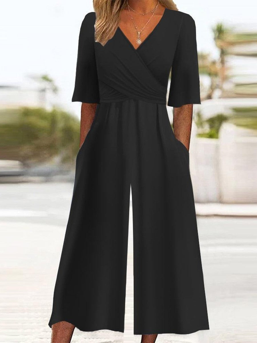 Women's Jumpsuit – Relaxed Fit – Wrap V-Neck – Cropped Wide Legs – Breathable Material
