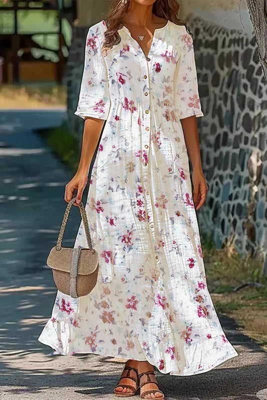 Women's Maxi Dress – Natural Fibers – Relaxed Fit – Button Closure – Floral Print