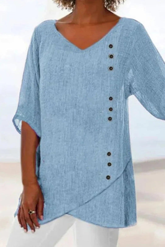 Women's Blouse – Relaxed Fit – V-neck – Half-length Sleeves – Asymmetric Detail