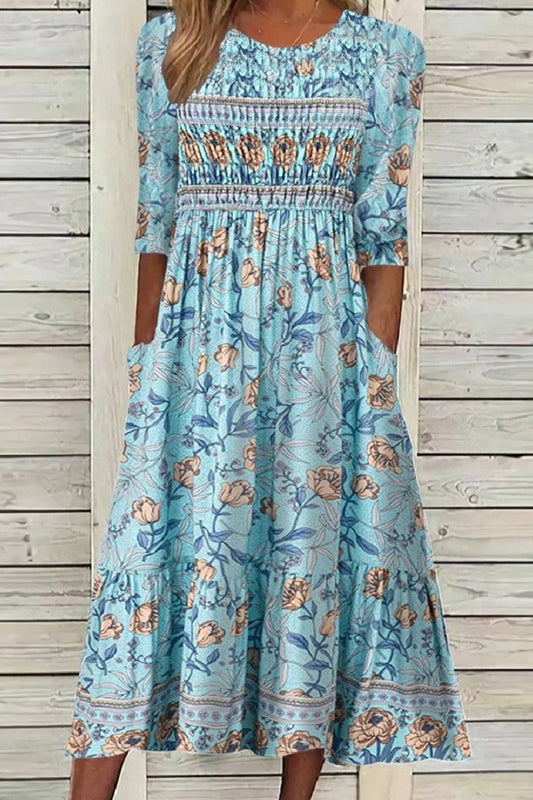 Women's Midi Dress – Relaxed Fit – Smocked Bodice – Floral Print – Breathable Material