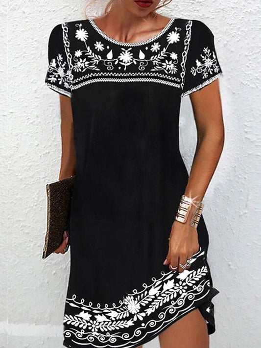 Women's Mini Dress – Relaxed Fit – Embroidered Floral Design – Short Sleeve