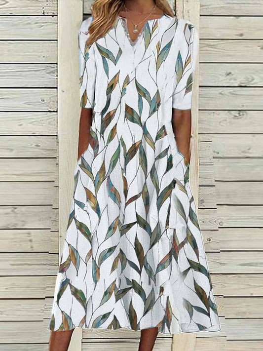 Women's Midi Dress – Loose Fit – V-neck – Half Sleeve – Leaf Print – Breathable Blend – With Pockets