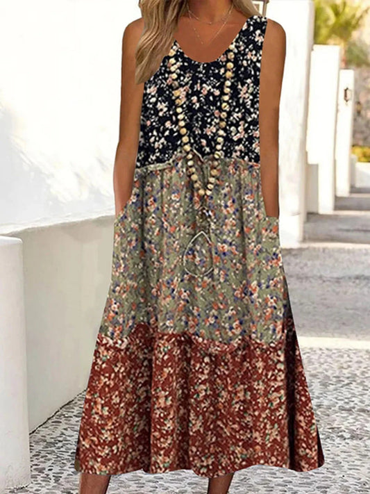 Women's Dress – Sleeveless A-Line – Loose Fit – V-Neck – Floral Print Layered