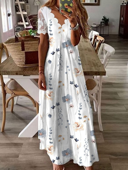Women's Midi Dress – Relaxed Fit – V-Neck with Lace Sleeves – Floral Pattern