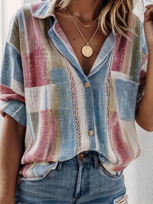 Women's Blouse – Relaxed Fit – Short Sleeve – Button Closure – Patchwork Design