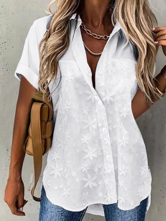 Women's Blouse – Relaxed Fit – Short Sleeves – Lace Details – Button Closure – Breathable