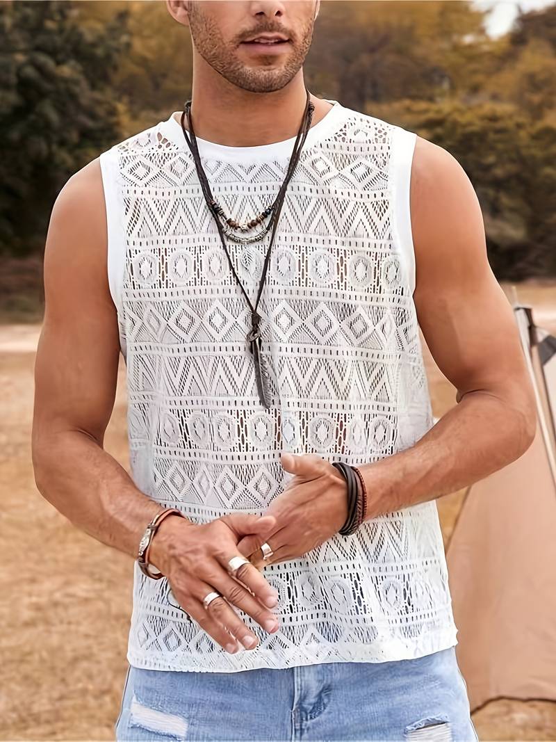 Men's Tank Top - Breathable Crochet Design - Geometric Pattern - Crew Neck