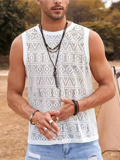 Men's Tank Top - Breathable Crochet Design - Geometric Pattern - Crew Neck