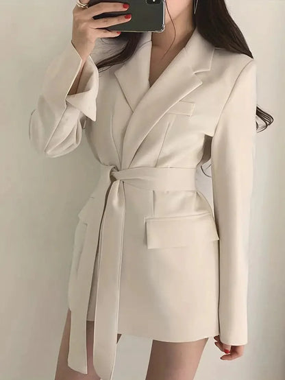 Women's Blazer Dress - Tailored Fit - Belted Waist - Single Button with Flap Pockets