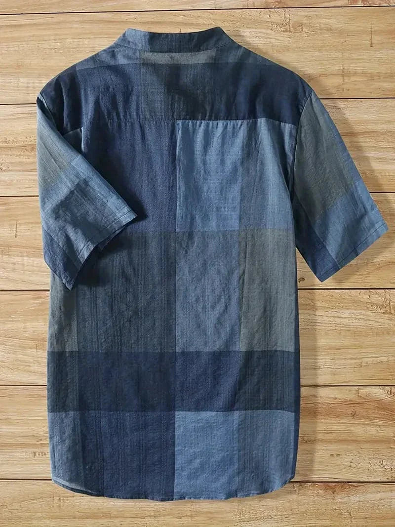Men's Shirt - Short Sleeved - Mandarin Collar - Button Closure - Checkered Pattern - Textured Fabric