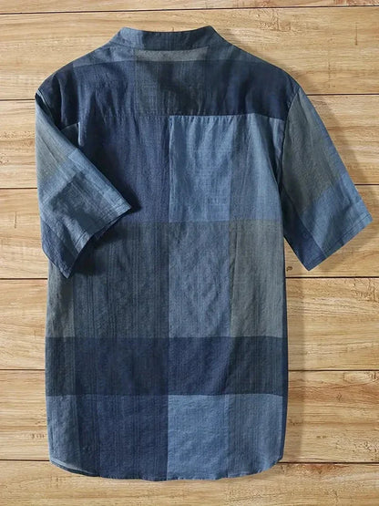 Men's Shirt - Short Sleeved - Mandarin Collar - Button Closure - Checkered Pattern - Textured Fabric