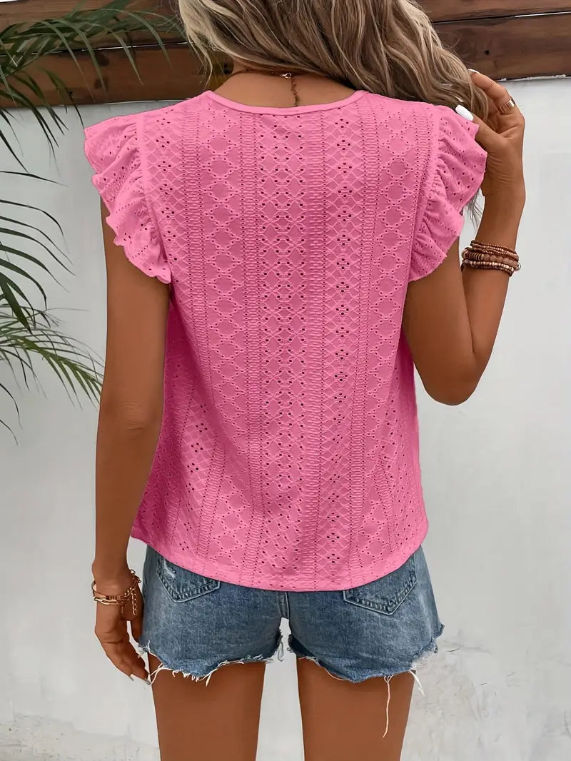 Women's Blouse - Breathable Cotton - Eyelet Pattern - Ruffle Sleeves - Round Neck