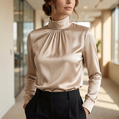 Pleated High Neck Blouse for Women – Elegant Formal Style