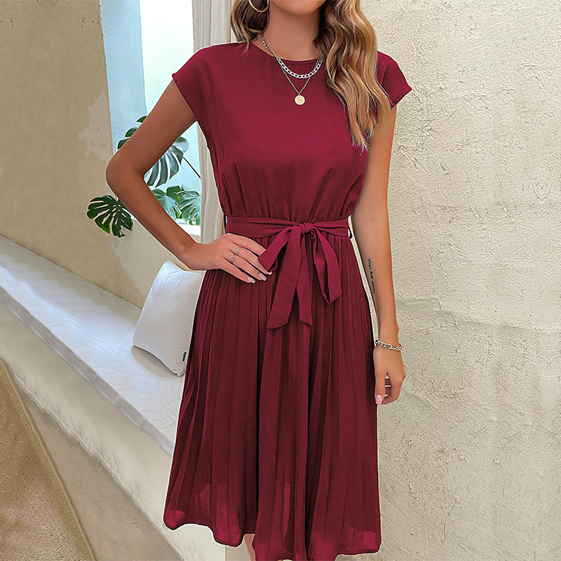 Women's Dress - Knee-Length A-Line - Short Sleeves - Round Neck - Fitted Waist