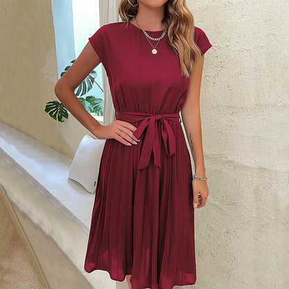 Women's Dress - Knee-Length A-Line - Short Sleeves - Round Neck - Fitted Waist