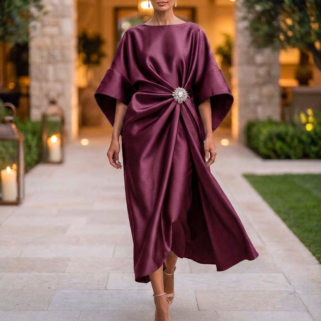 Shimmer Draped Ankle-Length Long Dress for Women – Elegant Evening Style