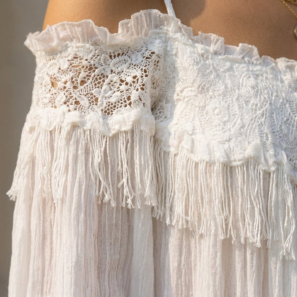 Ruffled Lace Fringe Off-Shoulder Lantern Sleeve Blouse for Women – Stylish & Comfortable Design