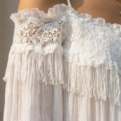 Ruffled Lace Fringe Off-Shoulder Lantern Sleeve Blouse for Women – Stylish & Comfortable Design