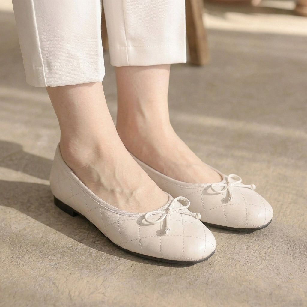Quilted Square Toe Bow Knot Mary Jane Flats for Women – Comfortable & Lightweight Design