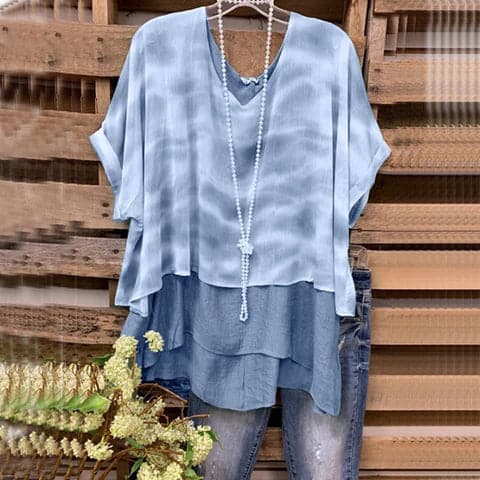 Women's Blouse - Layered Design - V-neck - Loose Fit - Short Sleeves Airy Style