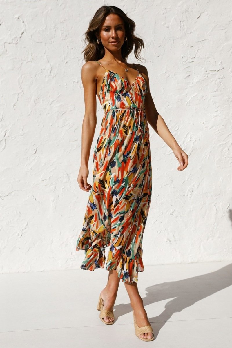 Dress for Women – Midi Length – Light Chiffon – Spaghetti Straps – Ruffle Hem – V-Neck
