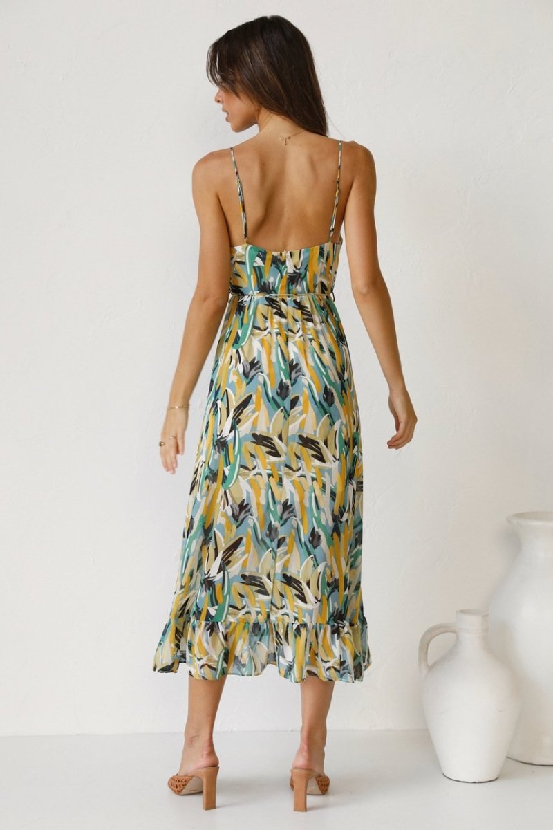 Dress for Women – Midi Length – Light Chiffon – Spaghetti Straps – Ruffle Hem – V-Neck